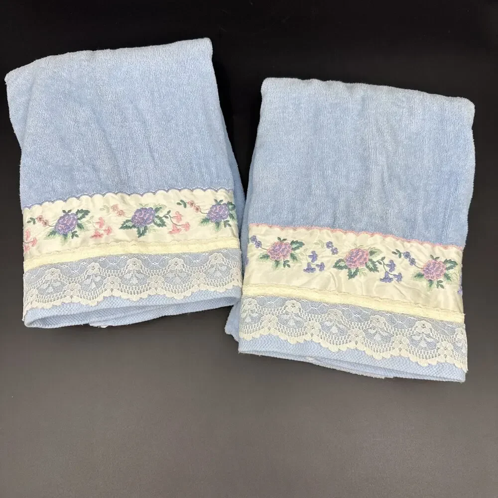 2-Piece Towel Set Light Blue Floral Trim After Bath Luxury by J Abouchar & Sons